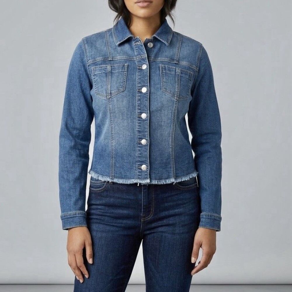 Cato EST 1946 Denim Jacket Sz Medium Blue Frayed Raw Hem Coastal Edgy RN37080